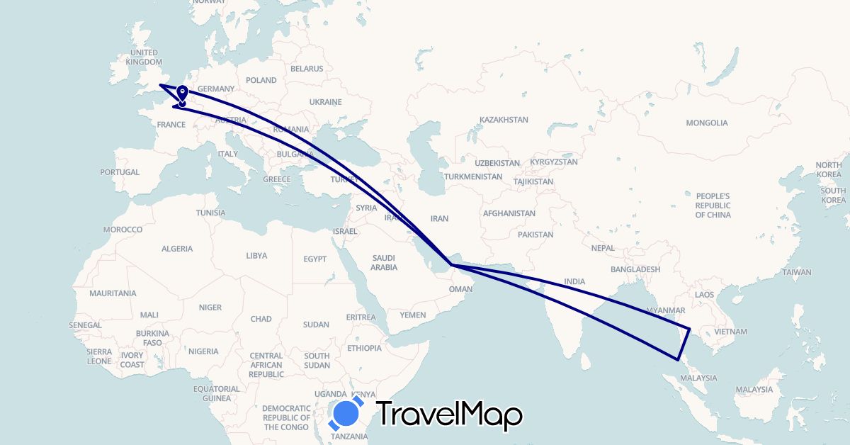 TravelMap itinerary: driving in United Arab Emirates, France, United Kingdom, Thailand (Asia, Europe)